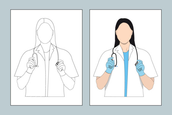 Woman Doctor Coloring Book Vector for Embroidery